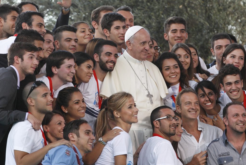 Pope poses with young people during encounter with youth in Cagliari, Sardinia